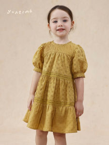 Princess Style Embroidered Hollow out Summer Dress Baby Girl Cotton Dress Bubble Sleeve Childrens Clothing Korean Style Kids Dress