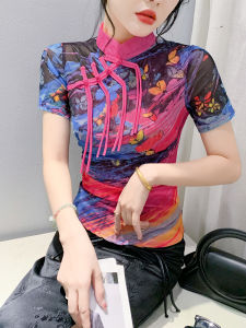 New Chinese Style Short Sleeve T-Shirt Womens Fashion Slim Fit Lace Patchwork Geometric Pattern Breathable Summer Top