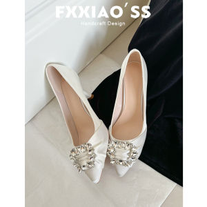 Elegant White Satin High Heels Diamond Embellished Pointed Toe Thin Stiletto No Fatigue Wedding Party Dance Shoes for Women