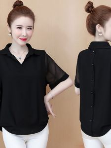 เสื้อเชิ้ตแขนสั้นผ้าชีฟองหลวมๆ สำหรับผู้หญิงไซส์ใหญ่ในฤดูร้อน เสื้อเชิ้ตผ้าตาข่ายทรงเข้ารูปสำหรับคุณแม่ไซส์ใหญ่