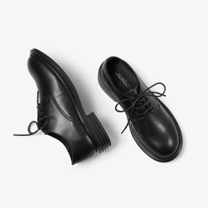 MIOLLIBARN | Black Lace-up Broad Head English Style Soft Leather Womens Shoes