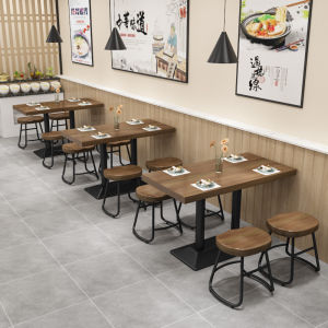 Nordic Retro Walnut Color Spicy Hot Snack Bar Dining Table Bar Restaurant Booth Table Canteen Solid Wood Dining Table and Chair