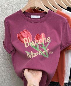 เสื้อทีเชิ้ตแขนสั้นคอตตอนแท้ไหล่ตรงเสื้อแขนห้าส่วนสาวอวบแบบใหม่ฤดูร้อนไซส์ใหญ่มีดีไซน์วินเทจสไตล์อเมริกันสำหรับผู้หญิง