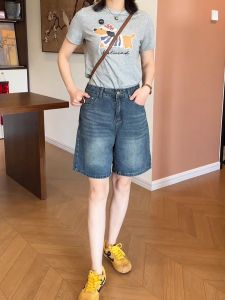 Quần Short Denim Xanh Cổ Điển Cạp Cao Cho Nữ Mùa Hè 2025 Dáng Chữ a Cỡ Lớn Quần Ống Đứng Ngắn Cho Dáng Người Quả Lê