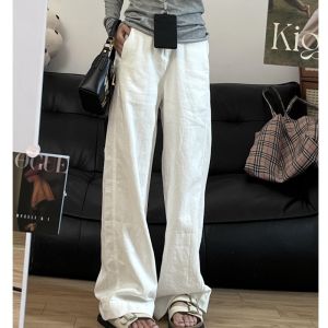 Quần Ống Rộng Bằng Vải Lanh Cotton Màu Trắng Cho Nữ Mùa Hè 2025 Quần Dài Ống Đứng Cạp Cao Thường Ngày Quần Dài Công Sở