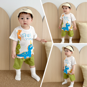 Cute Dinosaur Summer Outfit Set for Boys Pure Cotton Short Sleeve Clothes Baby Toddler Kids Clothing Super Adorable Dino Suit