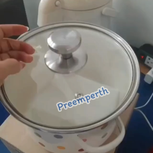 Preemperth-หม้อเคลือบทรงสูง ขนาดความกว้าง 20 cm. สูง 13 ซม. (2.8 ลิตร) ลายวงกลมหลากสี ฝาแก้ว สินค้าพร้อมส่ง