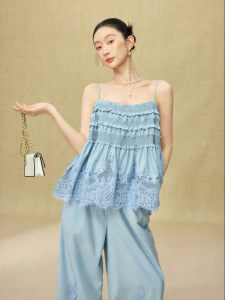 SUSHE | Lace Wooden Ear Camisole and Flare Trousers Set