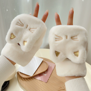Cute Cat Plush Mittens Korean Style Thickened Fingerless Gloves Touchscreen Compatible Women Warm Flip Cover Plush Handwear