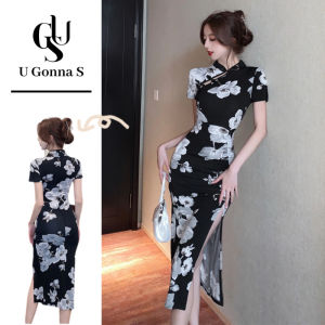 ชุดกี่เพ้ายาว2024ทันสมัยสำหรับผู้หญิงมีแขนสั้นกรีดตามยาวข้างคอจีนบอดี้คอนสง่างามเซ็กซี่แฟชั่นดีไซน์แบบดั้งเดิมเสื้อผ้ายืดได้สีน้ำเงินปาร์ตี้มื้อเย็นช่วงเย็น U Gonna S