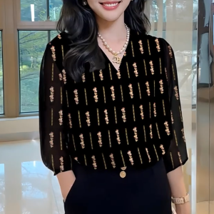 QINGNAER | Graceful Youthful V-Neck Floral Short Sleeve Blouse Slim Fit