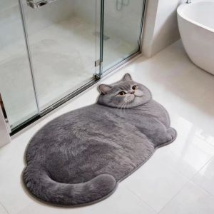 VIKAMA Cute Grey Tabby Cat Shaped Bath Mat Soft Non Slip Bathroom Entry Doormat Bedroom Bedside Carpet Home Decor