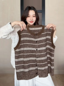 Autumn Knitted Stripe Open Cardigan Vest round Neck Single Button Commute Style Regular Length Other 100% Material Component