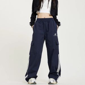 Retro สไตล์อเมริกันขากว้างกางเกงผู้หญิง Hip Hop Streetwear เอวสูงกางเกงกับกระเป๋า RuFB