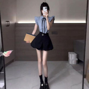 CHANGTONG | Bộ đồ hai mảnh phong cách đại học màu xanh áo sơ mi và chân váy ngắn quần short cotton POLO cổ nút mùa hè giảm tuổi