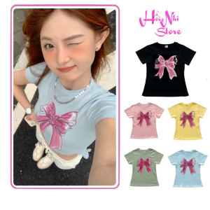 Áo Thun Baby Tee In Nơ 3D Cổ Tròn Tay Ngắn Dáng Ôm Siêu Co Giãn Có Size Đại 65kg Ulzzang- MM Hồng Nhi Store