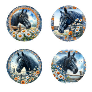 4 pieces of horse print coasters suitable for daily family party decoration kitchen non-slip wooden coasters holiday gifts