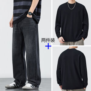 Black Loose Fit Straight Leg Jeans Mens Elastic Waist Spring Autumn Casual Long Pants HAOZHI Brand Youth Fashion Cotton Denim