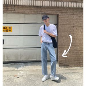 XMOB Studio Korean Washed 9-Times Mens Straight Leg กางเกงยีนส์ หลวม Wide Leg Drapey Nine-Piece กางเกง ลำลอง Youthful Style