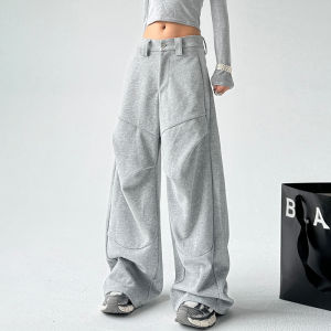 Quần Nỉ Thể Thao Màu Xám Dày Dặn Cho Nữ Mùa Đông Quần Dài Ống Rộng Xếp Ly Quần Dài Ống Rộng Quần Dài Thường Ngày Thương Hiệu Thời Trang