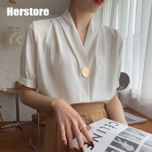 Herstore เสื้อหลวมใหญ่พิเศษเสื้อชีฟองเสื้อคอวีแขนสั้นเข้ารูปอเนกประสงค์สไตล์เสื้อผู้หญิงเสื้อยืดผู้หญิงแฟชั่น
