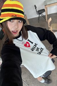 American Raglan Long Sleeves T-Shirt Men and Women Fall and Winter Dog Print Pure Cotton Color Contrast Patchwork Bottoming Shirt Loose Tops Ins