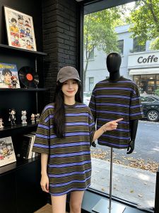 OUMULONG | Grape Stripe Pure Cotton Loose Vintage American Style Short Sleeve T-Shirt