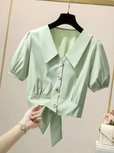 White V-neck Short Sleeve Shirt Womens Summer Retro Hong Kong Style French Short Top Design Sensation Niche Market