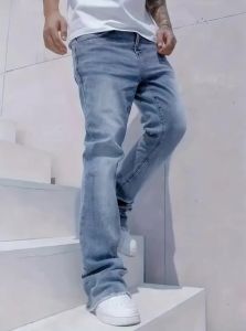 Quần Jean Nam Dáng Ôm Ống Loe Phong Cách Y2K Tối Giản Chất Liệu Denim Đã Qua Xử Lý Lưng Trung Bình Đa Năng Mặc Được Quanh Năm Dài Cài Khuy.