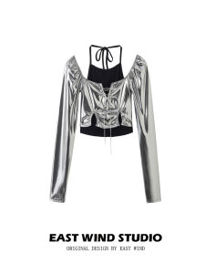 East Wind American Style Spicy Girl Silver Sequin Hollow out Chain Detail Slim Fit Crop Top T-Shirt Short Length Polyester Blend