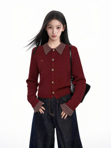 BAIDAIFEI | Áo Sweater Len Giả Hai Mảnh Màu Đỏ Ngắn