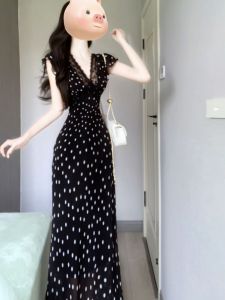 CHANGTONG | Elegant V-Neck Fitted Dress Long Polka Dot