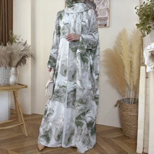 Horetong Women Ink Marble Print Robe 2026 Muslim Abaya Chiffon Open Front Long Sleeve Loose Comfort Modest Islamic Maxi Robe