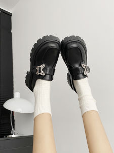 White Thick Heel Loafers Womens Fall New round Head Heightening Small Leather Shoes Butterfly British Style Versatile Single Shoes