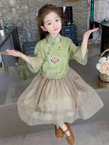Spring Summer Childrens Hanfu Set Kindergarten Performance Outfit Two Piece Skirt Girls Style New 2025 Polyester Fiber