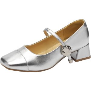Agsdon | Silver Elegant Mary Jane Spring Pretty French Style Low Cut Heels
