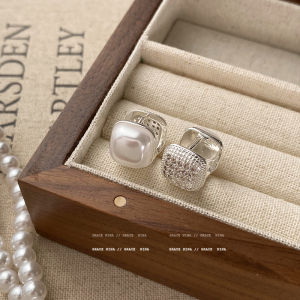 Double-Sided Pearl Stud Earrings Fashionable Fresh out Alloy Geometric Pattern for Women Diamond Sugar Cube Design Ear Jewelry