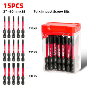 15PCS Torx Screwdriver Bit Set 50mm S2 Steel T10 T15 T30 Star Driver Bits 1/4 Inch Hex Shank Impact Drill Bits with Storage Case