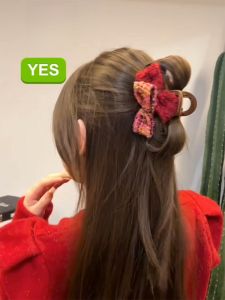 Red Double-Sided Butterfly Knot Hair Clip Womens Elegant Back of Head Clip Autumn Winter Duckbill Clip Fashionable Hair Accessories