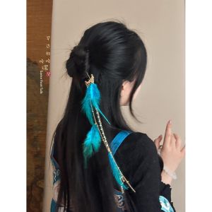 Elegant Long Blue Peacock Feathers Tassel Hairpin Womens Ethnic Style Hanfu Hair Accessories Traditional Chinese Fashion