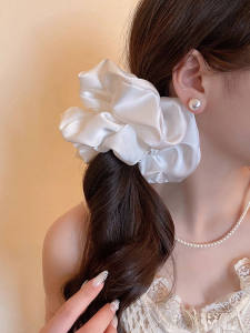 ริบบิ้นยางยืดผ้าซาตินสีขาวบริสุทธิ์สำหรับผู้หญิงขนาดใหญ่ ริบบิ้นยางยืดผมทรงลูกปัด ทรงเรียบง่าย สไตล์เกาหลี