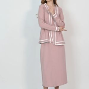 QUEENTIN Dress Set Outer 0406: Setelan Wanita Rib Knit Stretch Polos Bergaris Lengan Panjang