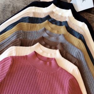 Half High Neck Long Sleeve Sweater: Elegant Slim Knit Long Sleeve Top