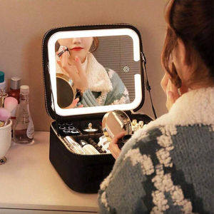 Smart 3 Color LED Travel Train Cosmetic Case Light And Mirror Makeup Bag Female Beautician Skincare Makeup Case For Women