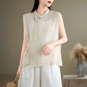 Loose Fit Cotton Linen Blouse for Women Summer Retro Crossbody Tank Top with Stand Collar Chinese Style Casual Tea Shirt Zen Wear