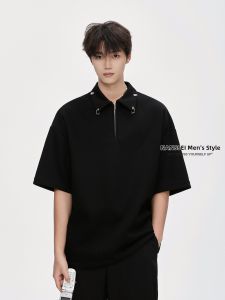 NANSSE | Semi-Zip Polo Collar Short Sleeve Trendy Heavyweight Loose Shirt