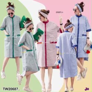 TW20687 เดรสคอจีน หน้าสั้นหลังยาว ลายทาง ..