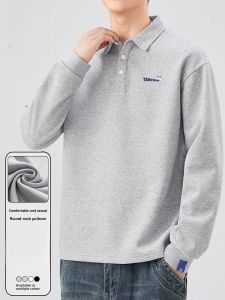 ROMON | Romon Mens Polo Shirt Casual Long Sleeve Sweatshirt Spring Loose Fit Versatile Trendy Base Layer Top Youth Popular Cotton Polyester Blend