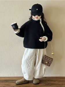 Korean Style Warm Set for Girls with Oblique Collar Coat and Fleece Pants