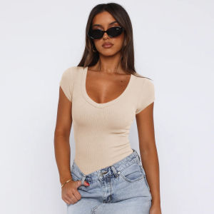 Solid Color Thread Fitting Short Sleeve Womens T-shirt Casual Style Pure Color Overhead Threaded Top Ladies Fashion